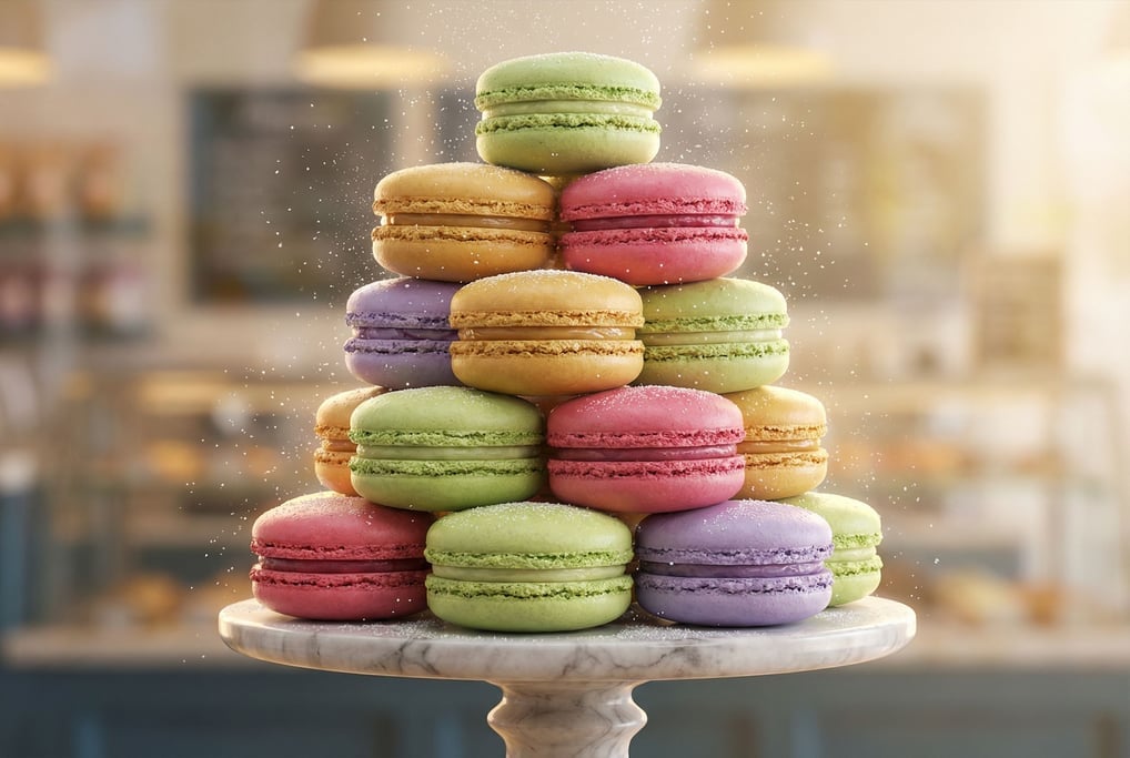 Giant macaron tower rendered as a 3D scene — twelve oversized macarons in pistachio green