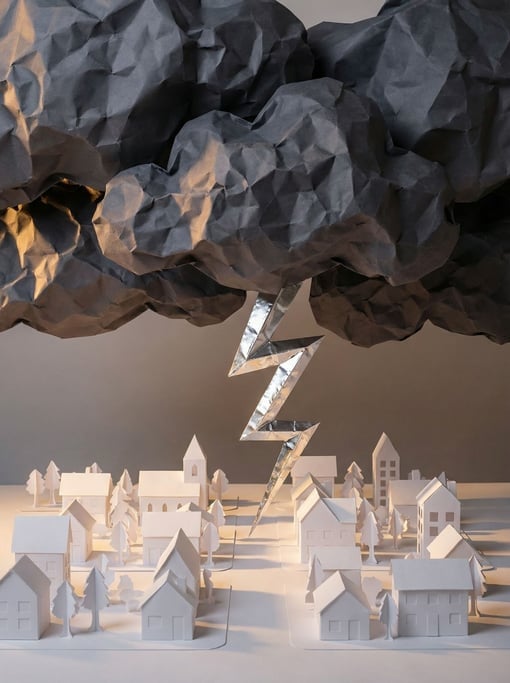 Storm clouds built from dark grey crumpled paper looming over a white paper town