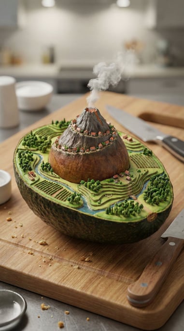 Miniature world built inside a halved avocado — the pit replaced by a tiny volcanic mountain with a