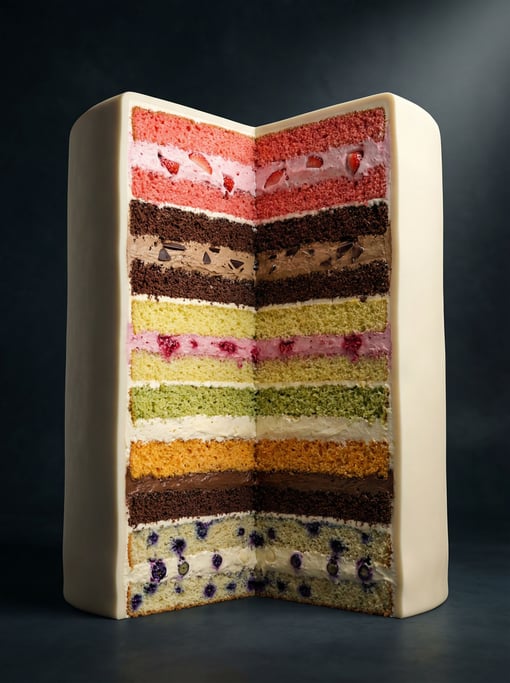 Colossal layered cake cross-section rendered in 3D — twelve alternating layers of sponge and cream e