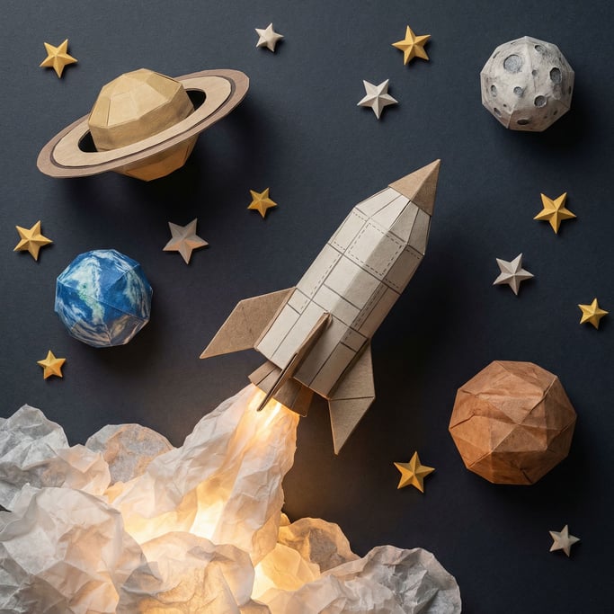Origami space scene: a paper rocket ascending past paper planets and folded stars against a deep charcoal paper sky