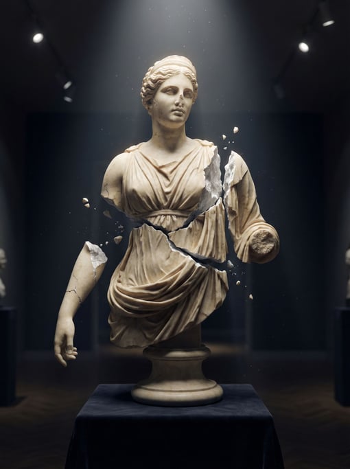 Marble statue of a classical figure fragmenting — the torso cracking along natural veining lines