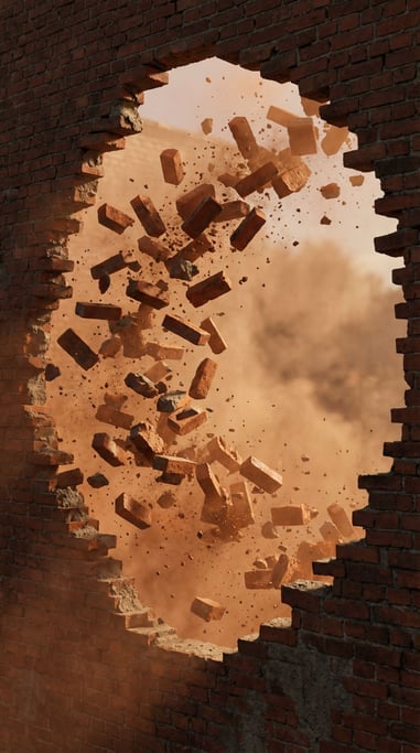 Red brick warehouse wall blowing outward in an arc