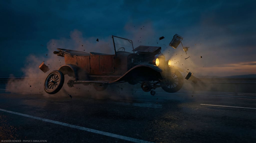 Vintage automobile disintegrating at speed — body panels lifting