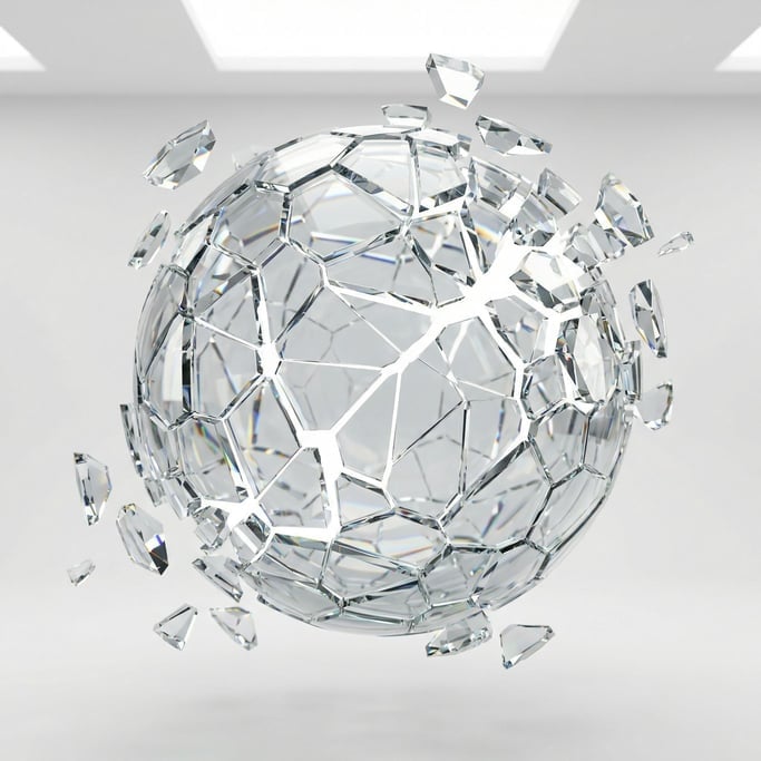 Enormous glass sphere cracking into geometric fragments