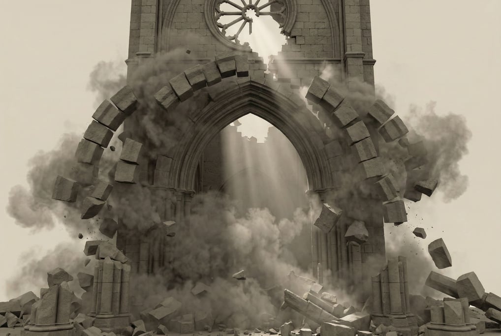 Stone cathedral arch collapsing