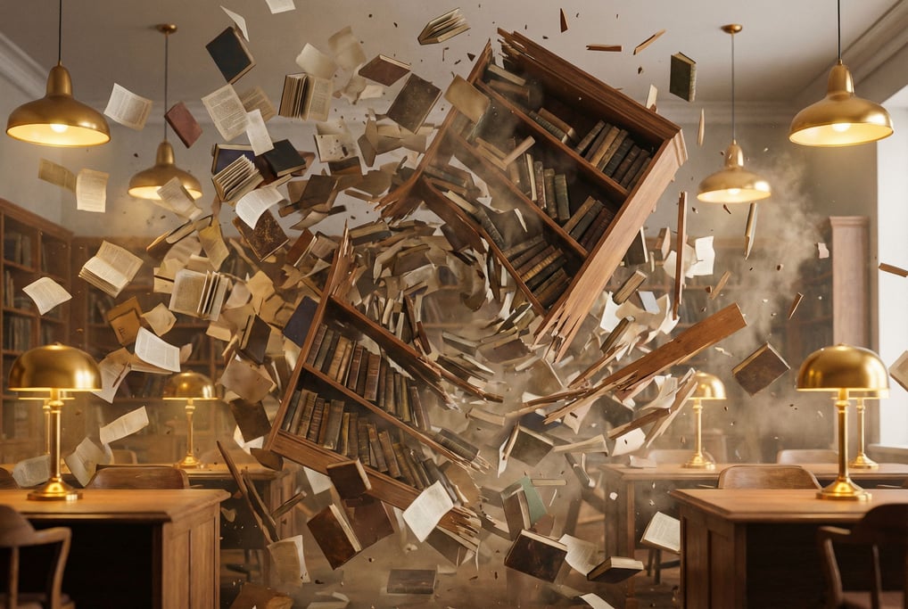 Library shelves erupting