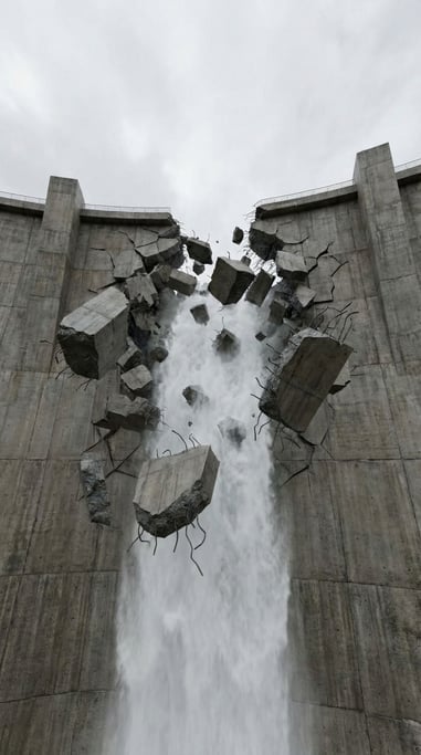 Concrete dam wall breaching — a section blasting outward with water punching through in a solid column