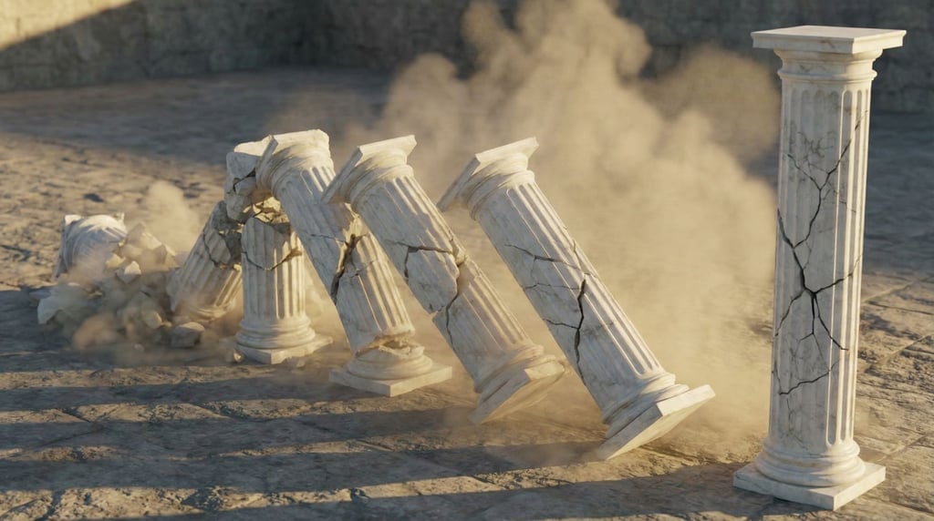 A row of marble columns failing in sequence like dominoes