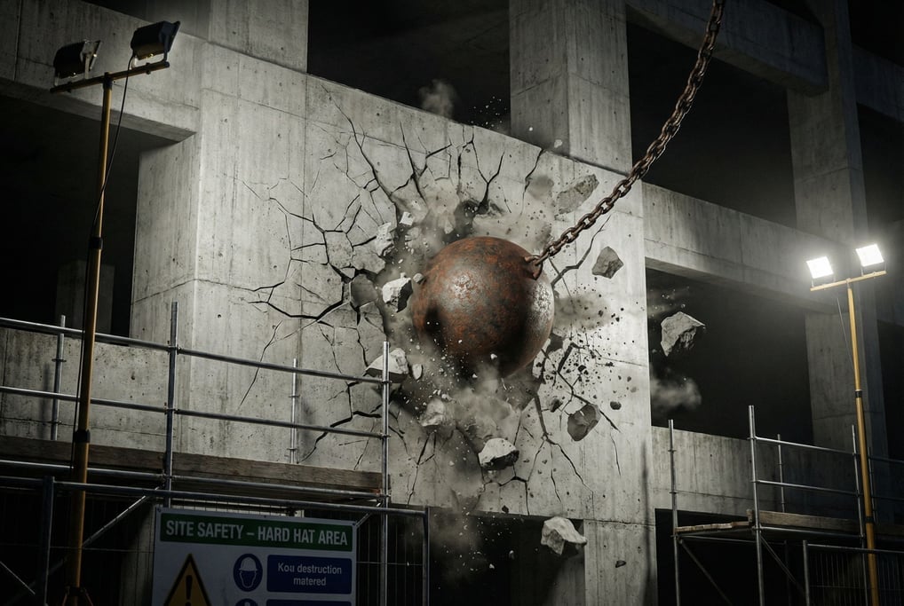 Wrecking ball frozen at the moment of impact with a brutalist concrete facade