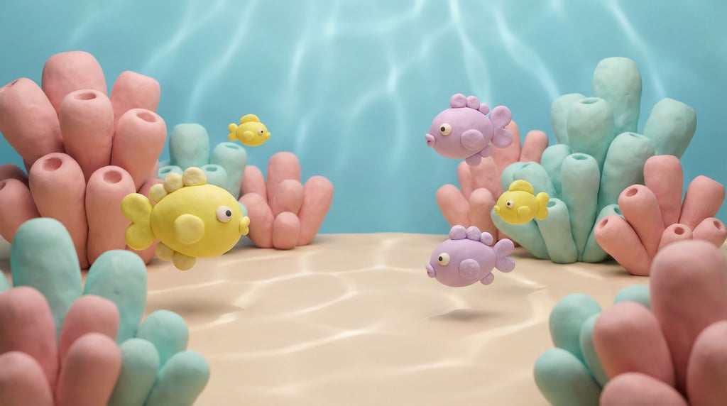 Underwater clay world: rounded coral formations in blush pink and pale teal