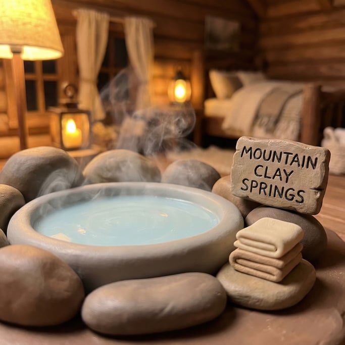 Clay hot spring scene — a round pool of smooth pale blue clay representing water