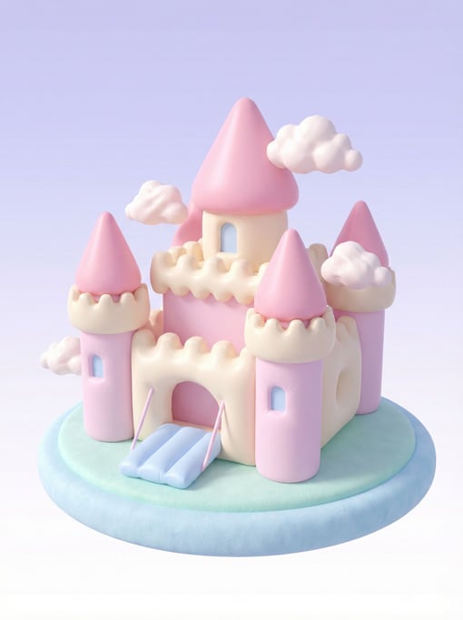 Inflatable-looking pastel castle with rounded turrets in baby pink
