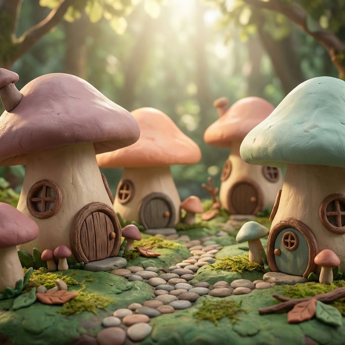Clay mushroom village: oversized toadstool houses with rounded caps in dusty mauve, peach