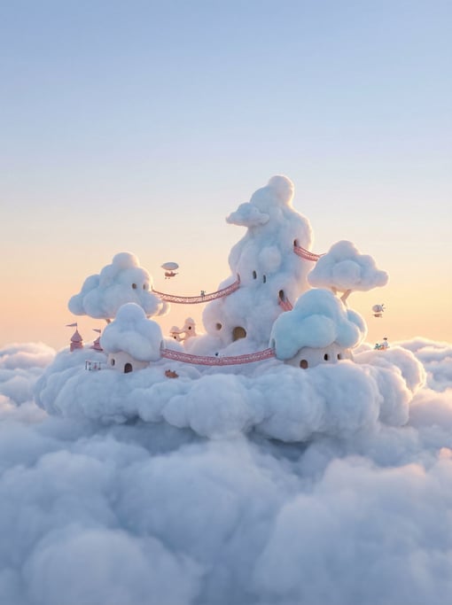 Cloud city: buildings shaped like cumulus puffs in white and palest blue sitting atop a dense cloud