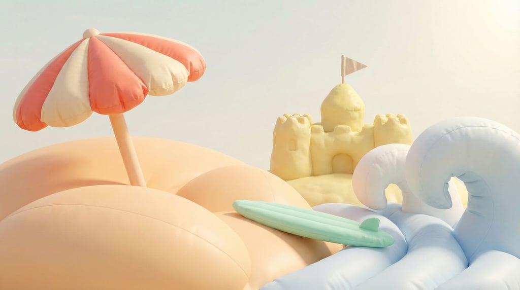 Pastel beach scene: smooth pale sand clay with a rounded beach umbrella in coral and cream stripes