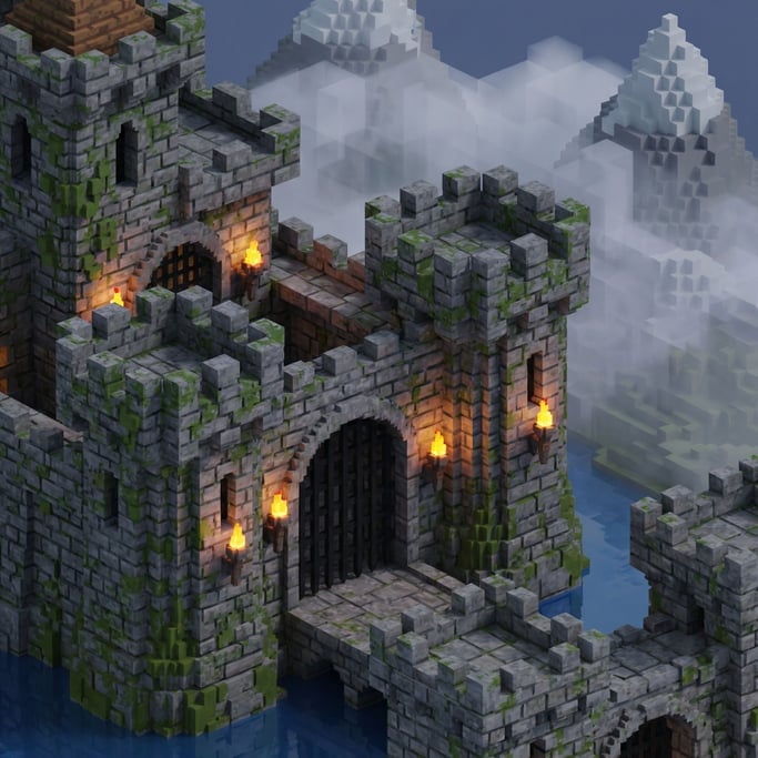Sophisticated voxel art medieval castle — chunky cube-built towers in weathered stone grey with moss