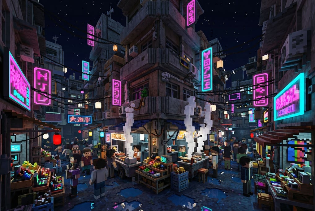 Voxel art cyberpunk street market at night — stacked cube buildings in dark concrete tones