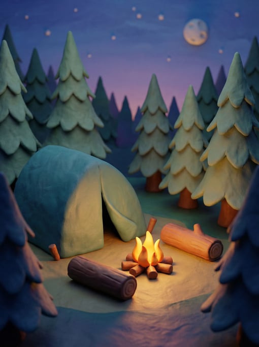 Clay camping scene at twilight: a rounded tent in dusty teal