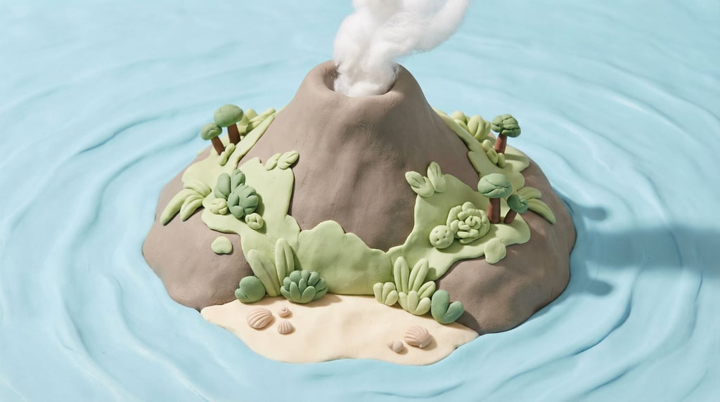 Soft clay volcano island: a rounded mountain in warm grey with a crater puffing cotton-like smoke