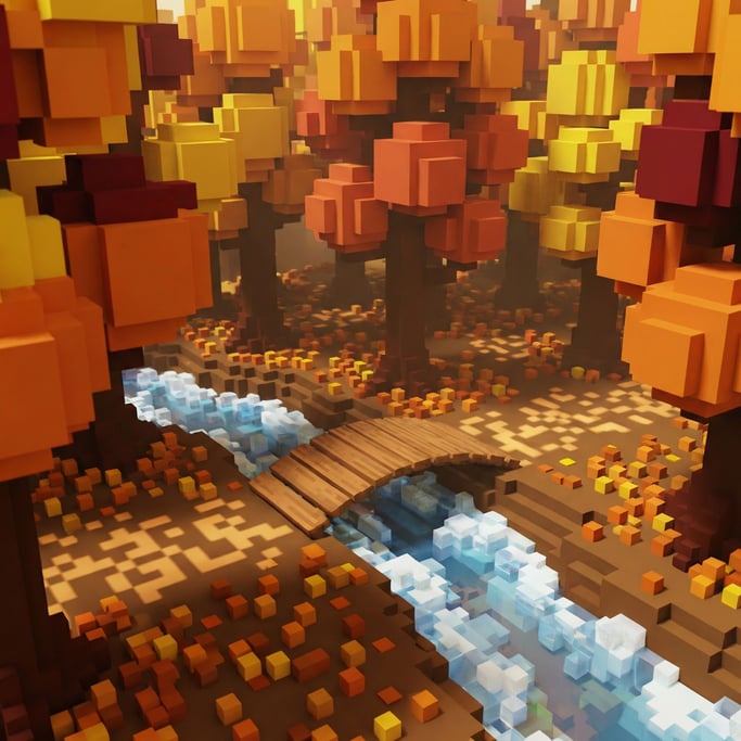 Voxel art autumn forest with a stream — trees built from stacked cubes with canopies in rust orange