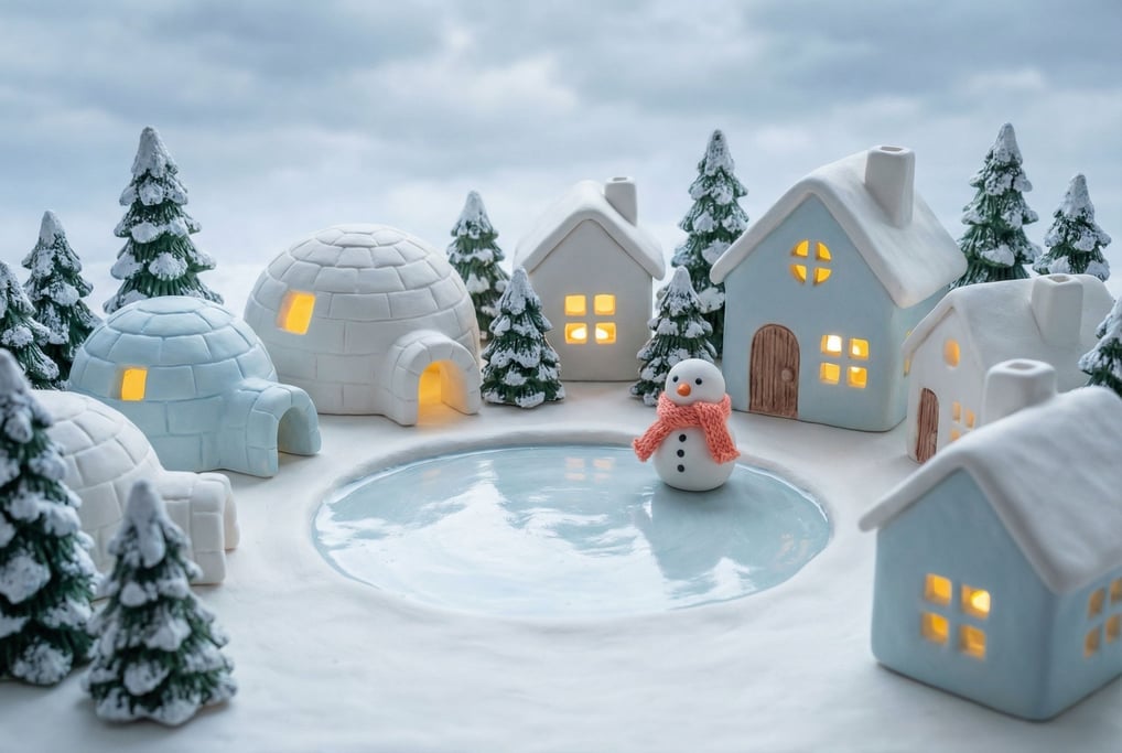 Clay winter village: rounded igloos and cottages in white and palest blue