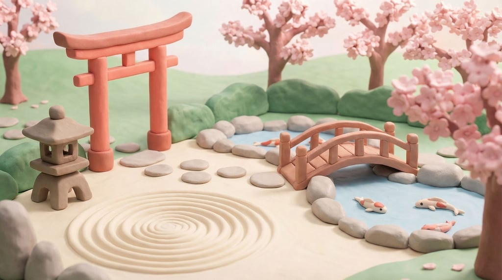 Pastel Japanese garden: a rounded torii gate in coral pink