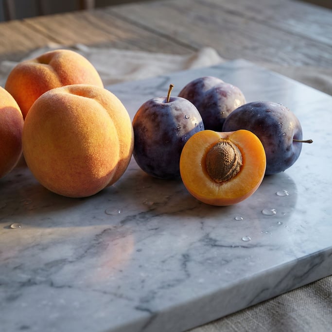 Hyper-realistic 3D still life of summer stone fruits on a marble slab — peaches with velvet fuzz catching sidelight