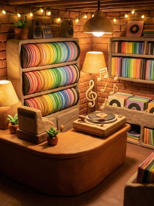 Clay record shop: shelves of tiny vinyl records in soft rainbow colors