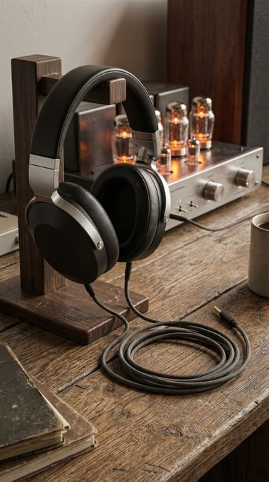 Hyper-real 3D still life of audio equipment — a pair of over-ear headphones in matte black with brushed aluminum accents draped over a wooden headphone stand