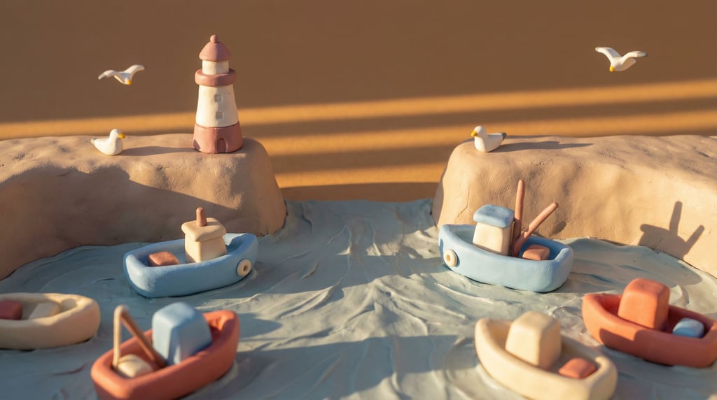 Clay harbor scene: tiny rounded fishing boats in baby blue