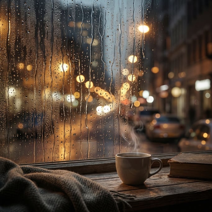 Photorealistic 3D render of a rainy window scene — water streaming down glass in complex rivulet patterns