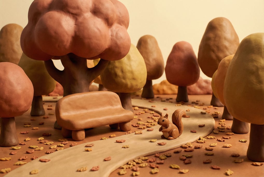 Clay autumn scene: puffy round trees with foliage in muted terracotta, dusty gold, and warm brown