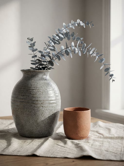 Hyper-detailed 3D still life of ceramics and dried botanicals — a hand-thrown stoneware vase in spec