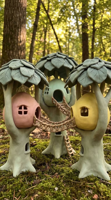 Clay treehouse village: three rounded treehouses in blush, mint