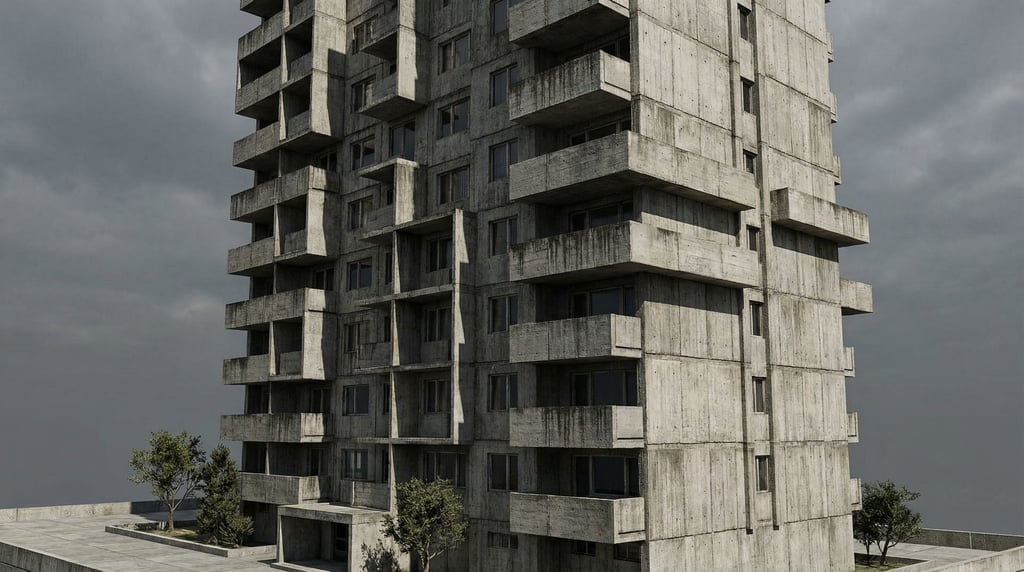 Brutalist concrete apartment tower rendered in dramatic 3D — raw board-formed concrete surfaces with