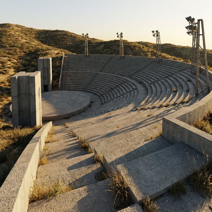 Concrete amphitheater carved into a hillside — raw grey exposed-aggregate surfaces forming concentri