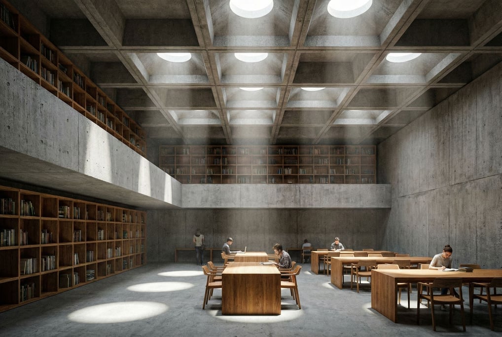 Brutalist library interior rendered in 3D — double-height reading room with coffered concrete ceilin