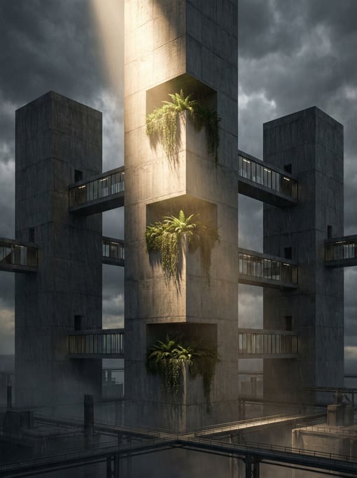 Interconnected brutalist towers bridged by sky-corridors — three concrete towers of different height