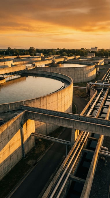 Concrete water treatment facility as architectural monument — massive circular settling tanks with g