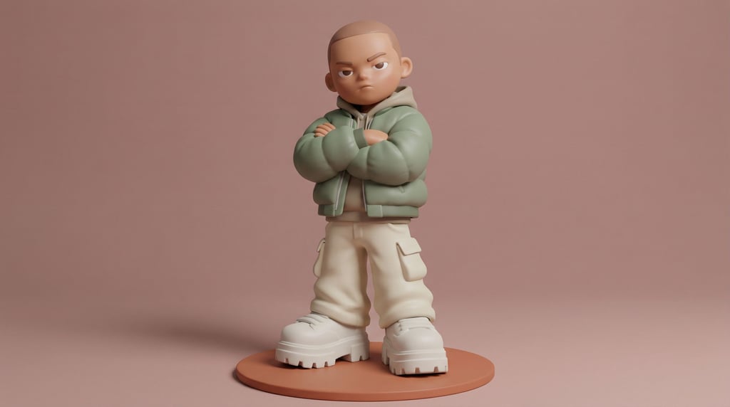 3D rendered stylized character — Streetwear kid with attitude — oversized sage-green bomber jacket