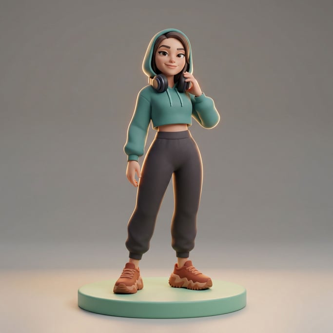 3D rendered stylized character — young woman in a cropped teal hoodie and high-waisted charcoal jogg