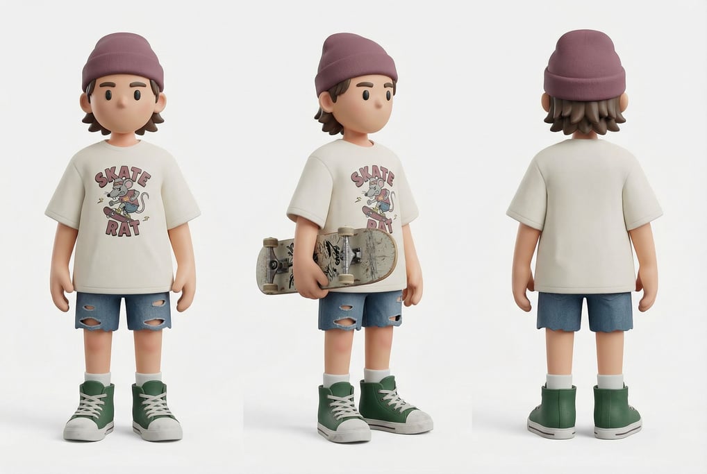 3D rendered character turnaround view — front, three-quarter