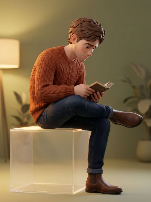 3D rendered stylized character — seated figure on a translucent acrylic cube — a young man in a rust