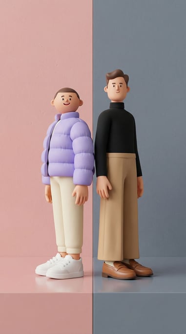 3D rendered stylized scene — two charactersstanding back-to-back: one in an oversized lavender puffe
