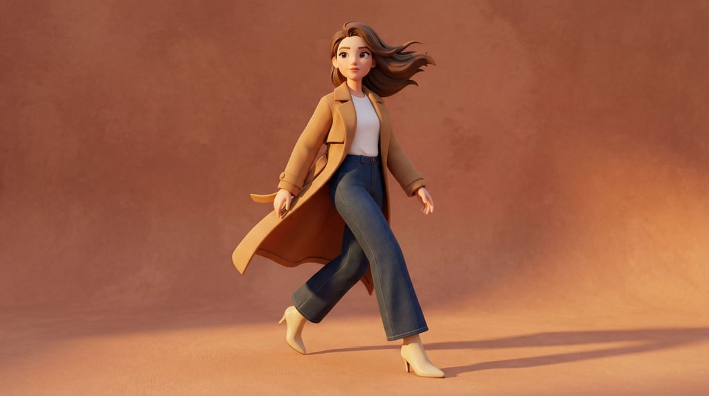 3D rendered stylized character — mid-stride — a woman in a flowing camel trench coat over a white te