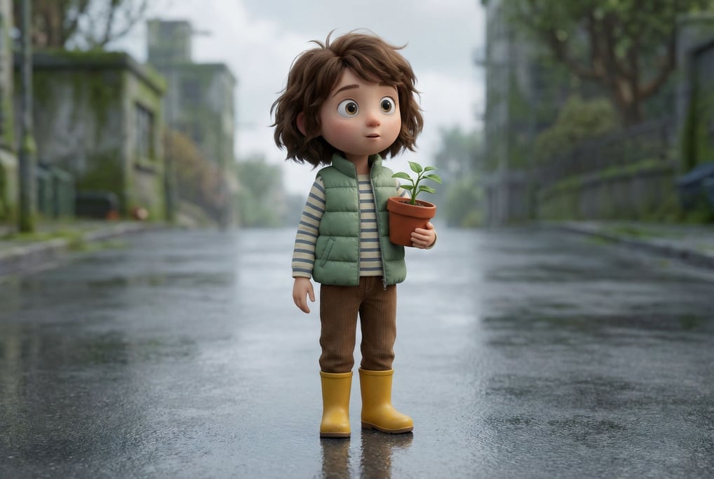 3D rendered stylized character — young girl in a puffy sage-green vest over a striped long-sleeve te