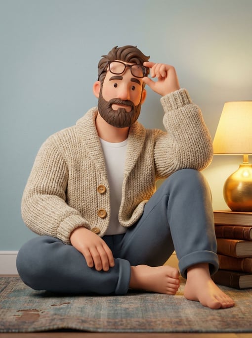 3D rendered stylized character — sitting cross-legged on the ground — a man in a hand-knit cardigan