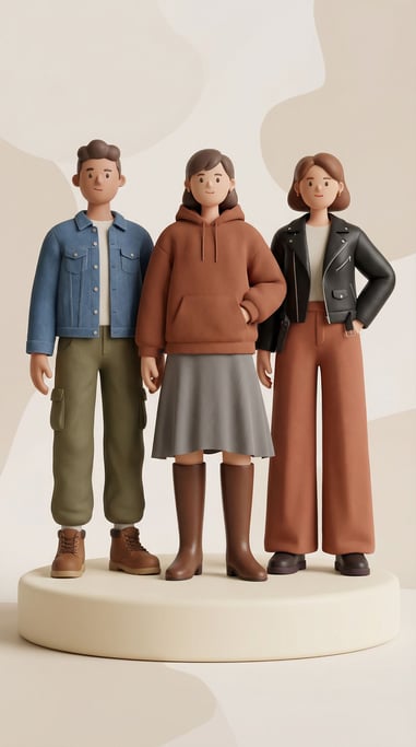 3D rendered stylized group — Three friends in a lineup: the first in a denim jacket and cargo pants