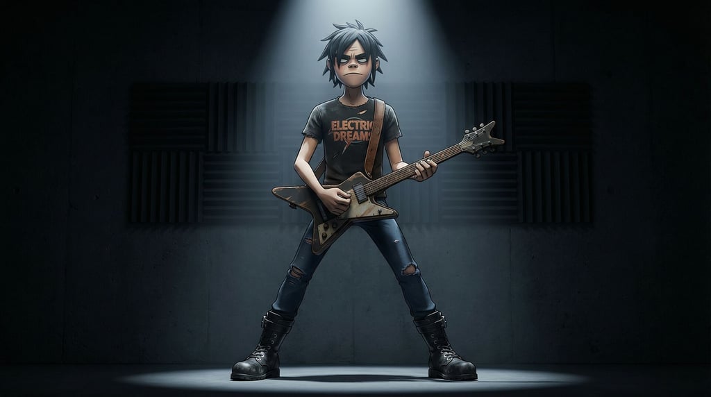 3D rendered stylized character — musician character holding an electric guitar — vintage band tee in